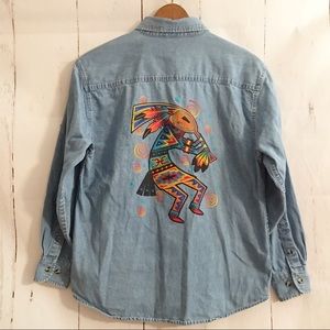 Vintage Denim Shirt Aztec Graphic Feathers Stars